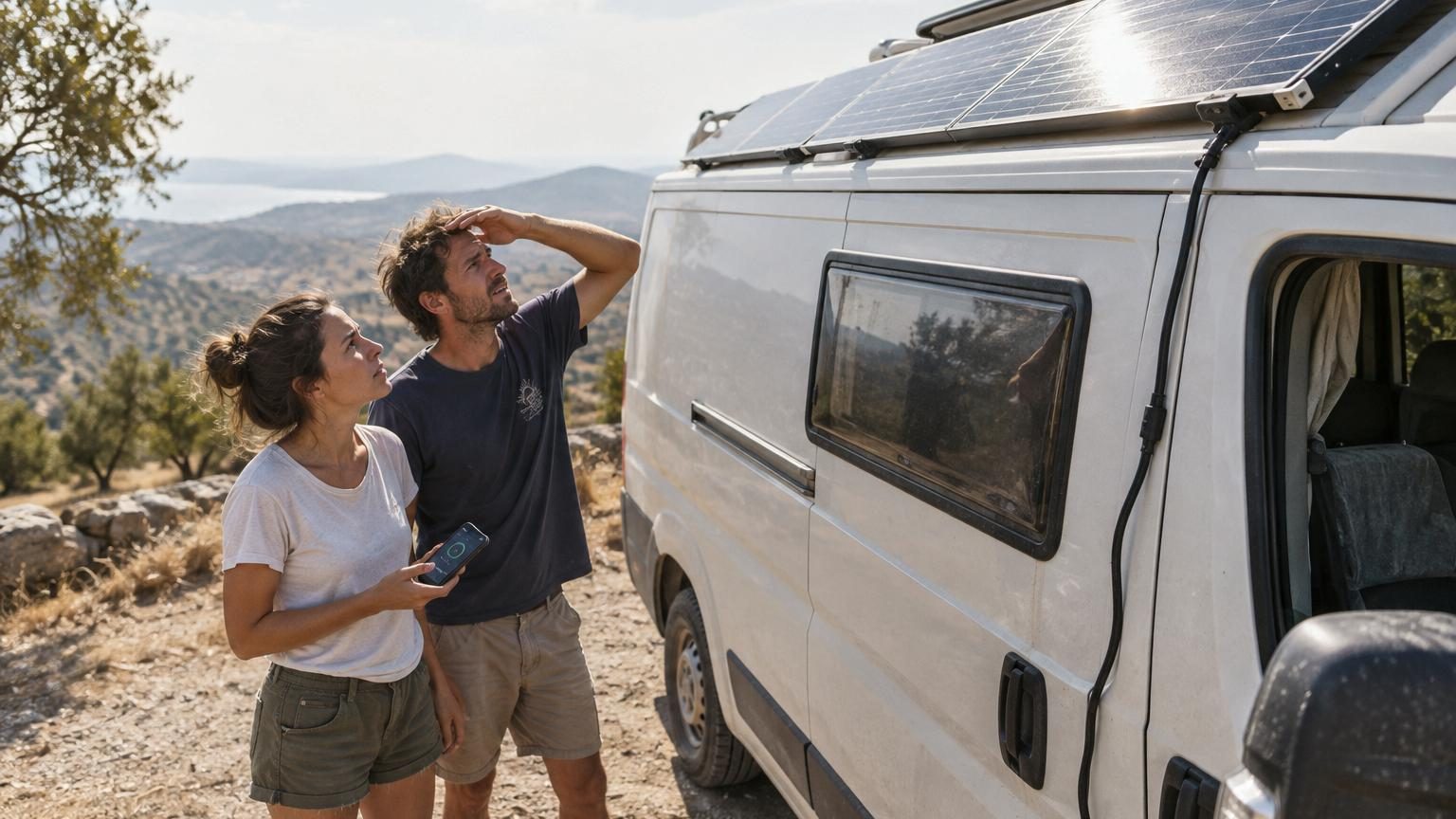 Un couple dans un camping-car souriant devant l'écran d'une application d'énergie solaire, avec des panneaux visibles sur le toit de leur véhicule aménagé