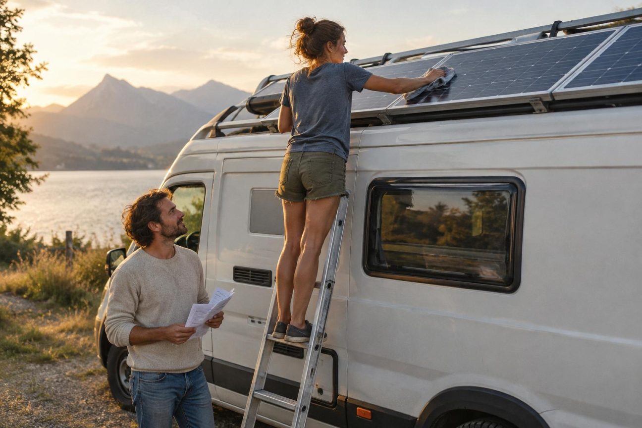 Thomas tient une échelle d'une main et une facture électrique de l'autre, souriant avec Julie près d'un camping-car équipé de panneaux solaires sur le toit, symbole de leur investissement énergétique réussi.