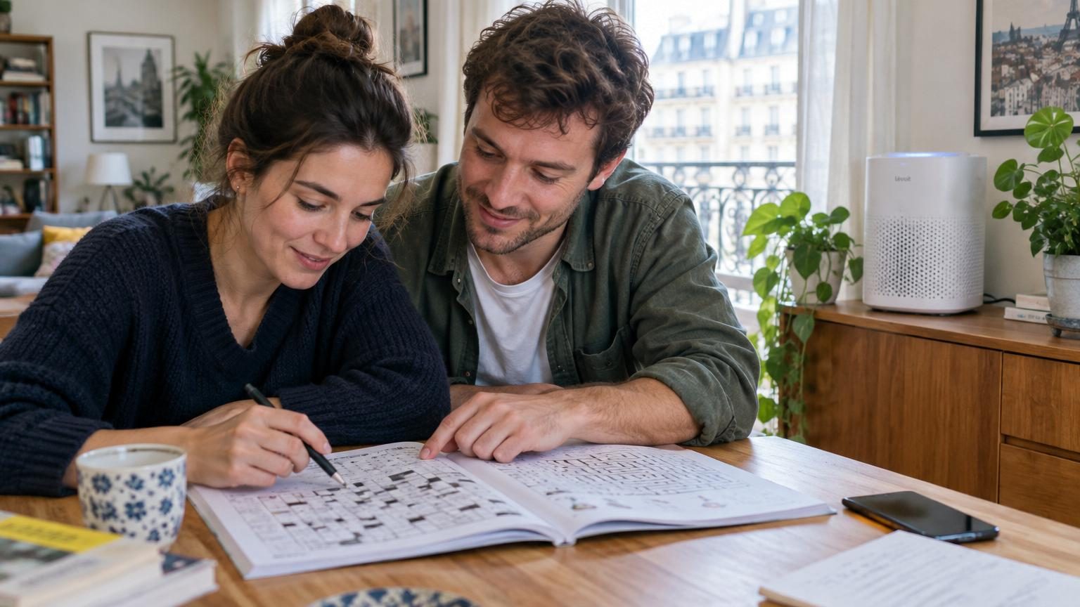 Illustration d'une personne effectuant un test cognitif chronométré, traçant des lignes reliant des numéros et des lettres en alternance dans un intérieur avec purificateur d'air.