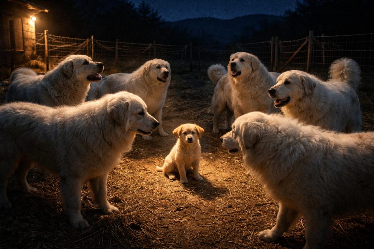 Un petit chiot de quatre mois entouré protectivement par de grands chiens de berger maremman au sein d'un enclos, illustrant un acte de compassion inattendue.