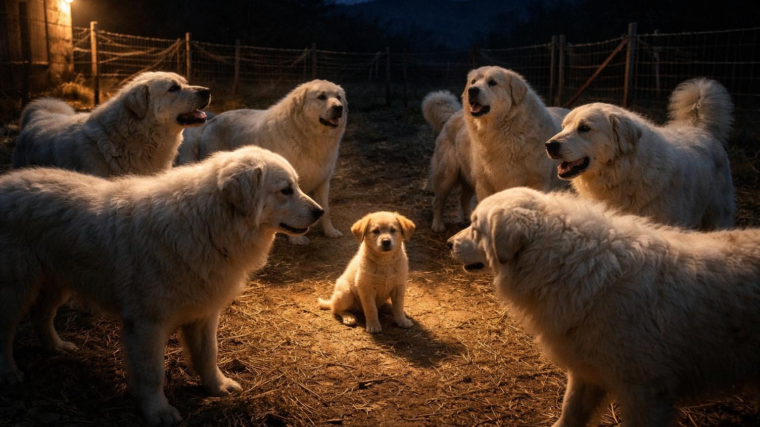 Un petit chiot de quatre mois entouré protectivement par de grands chiens de berger maremman au sein d'un enclos, illustrant un acte de compassion inattendue.
