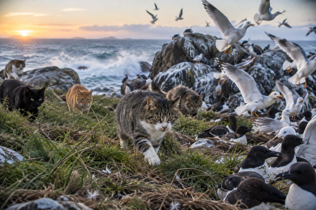 Silhouettes de chats aux yeux verts brillant dans l'obscurité d'une île rocheuse déserte, illustration de la population férale sur Marion avec l'océan Austral en arrière-plan.