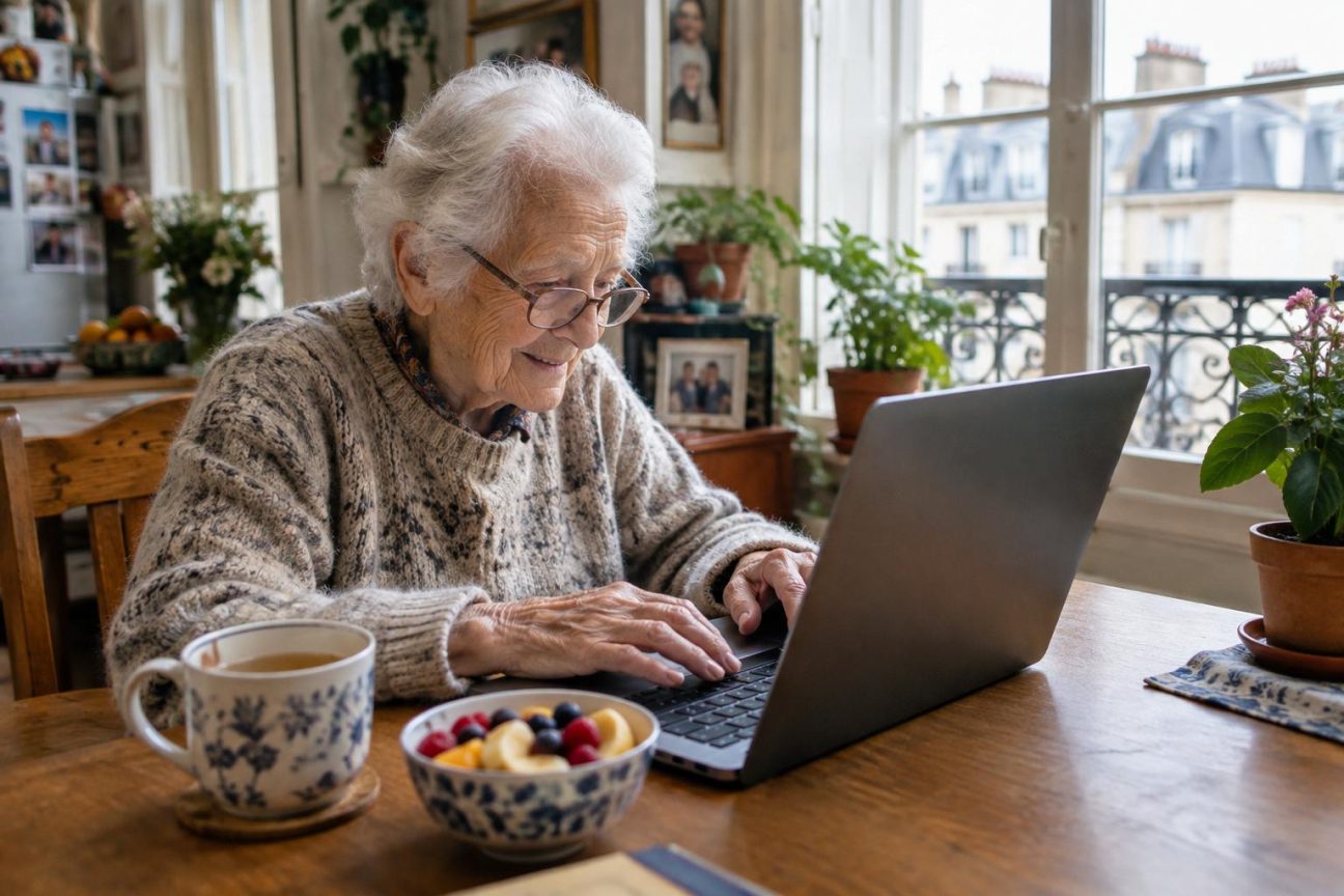 Portrait de centenaires actifs engagés dans diverses activités : musculation, marche, jardinage, jeux vidéo sur tablette, discussion en famille autour d'une table