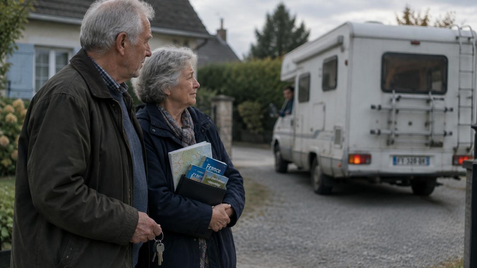 Un couple de retraités assis à l'intérieur d'un camping-car stationné, regardant par la fenêtre un paysage de maison et mur de voisin, symbolisant l'immobilité et la fin d'une aventure.