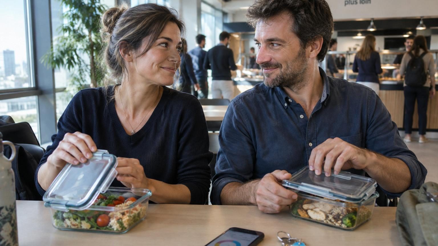 Deux adultes ouvrant leur lunchbox en verre et sac isotherme avant de déjeuner au bureau, symbole d'une épargne quotidienne transformée en retraite anticipée