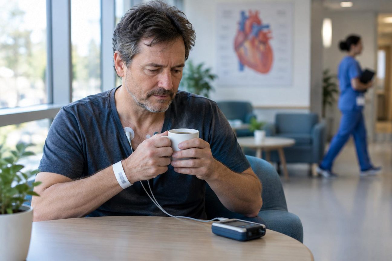Tasse de café fumant posée à côté d'un cœur stylisé ou d'un électrocardiogramme, symbolisant le lien entre consommation de café et santé cardiaque.