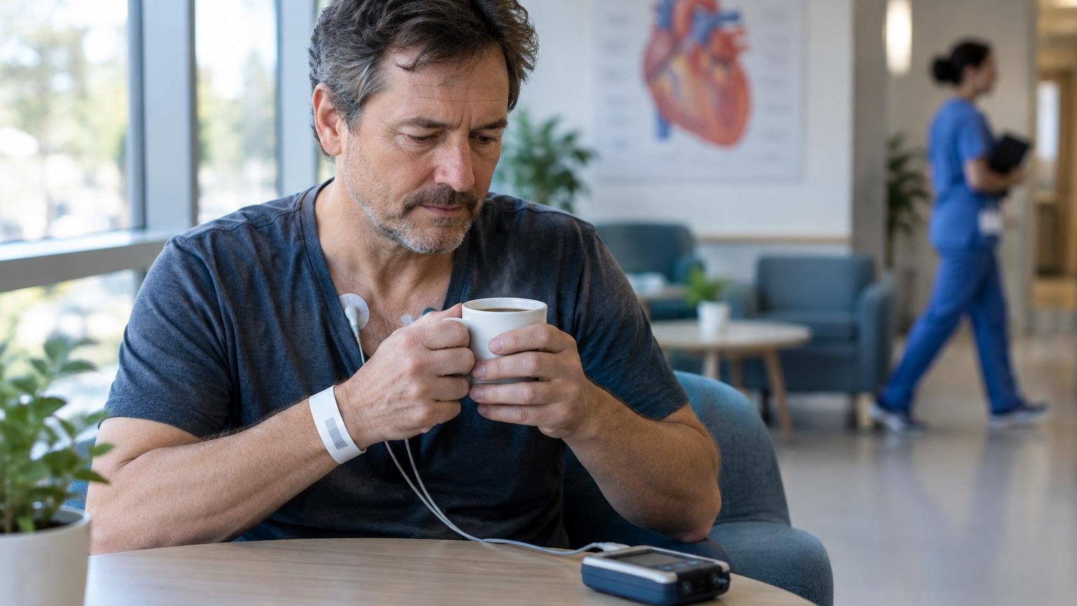Tasse de café fumant posée à côté d'un cœur stylisé ou d'un électrocardiogramme, symbolisant le lien entre consommation de café et santé cardiaque.