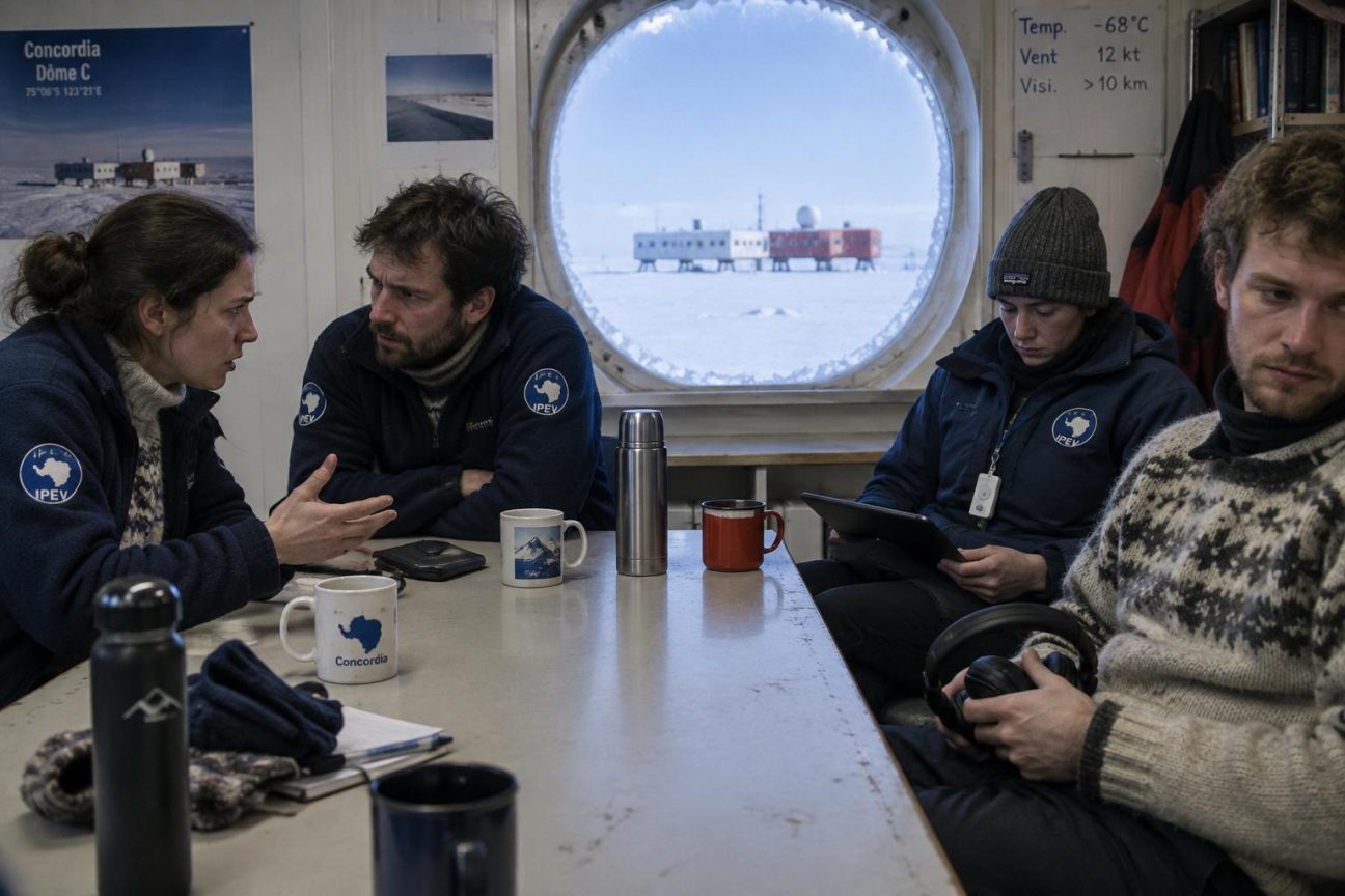 Vue de la station Concordia en Antarctique pendant l'hiver polaire, avec des bâtiments recouverts de neige sur le plateau blanc désertique.