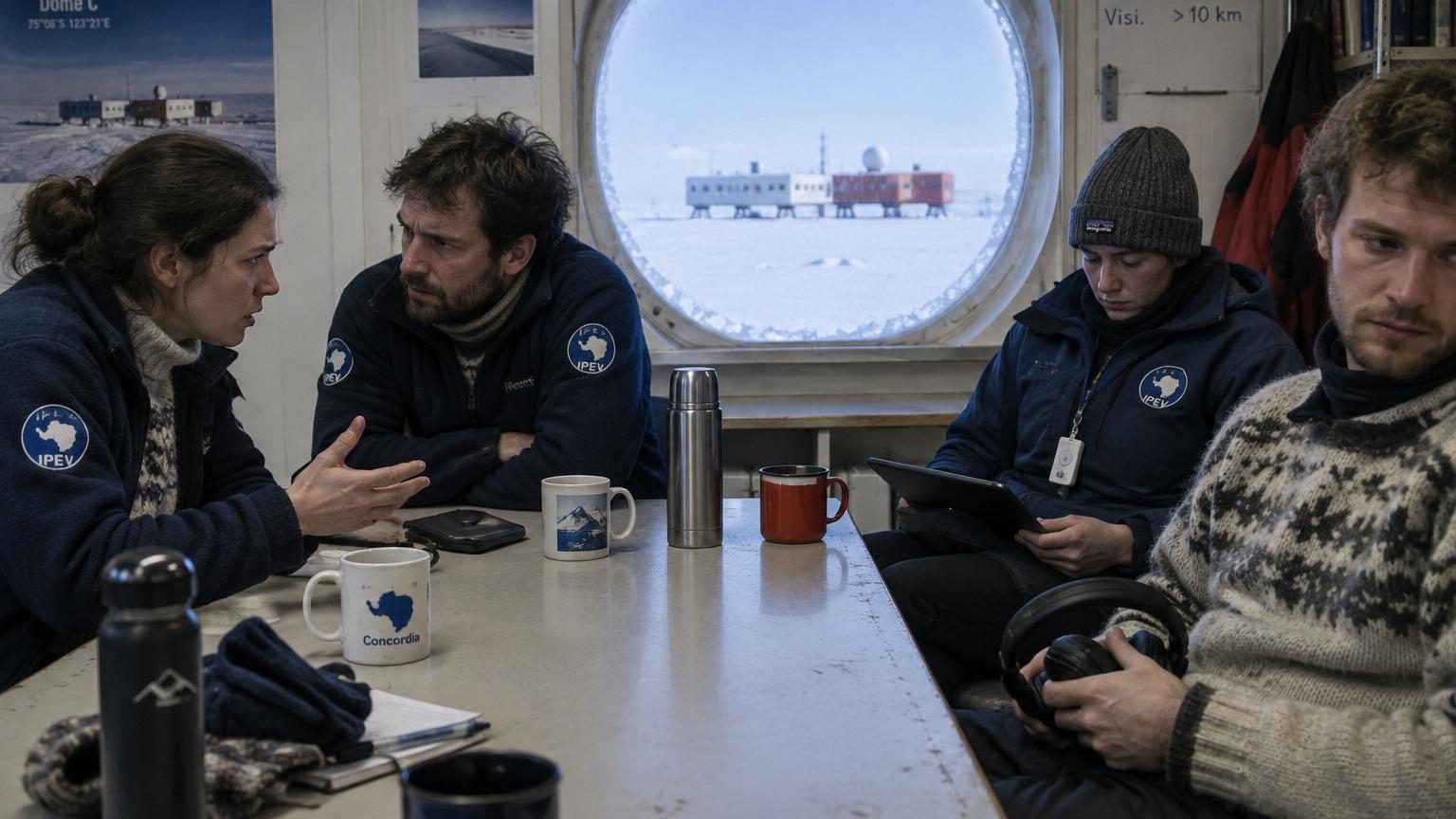 Vue de la station Concordia en Antarctique pendant l'hiver polaire, avec des bâtiments recouverts de neige sur le plateau blanc désertique.