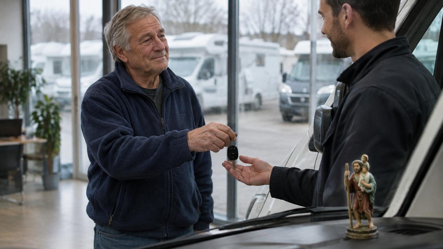Un homme de 76 ans bronzé aux côtés de son épouse Nicole observe en silence un camping-car avant sa reprise finale, un saint Christophe en plastique sur le tableau de bord.