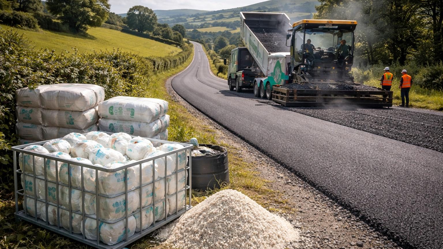 Section de route asphaltée avec des marquages de chaussée, illustrant l'application pratique du mélange bitumineux contenant les fibres de couches usagées recyclées au pays de Galles.