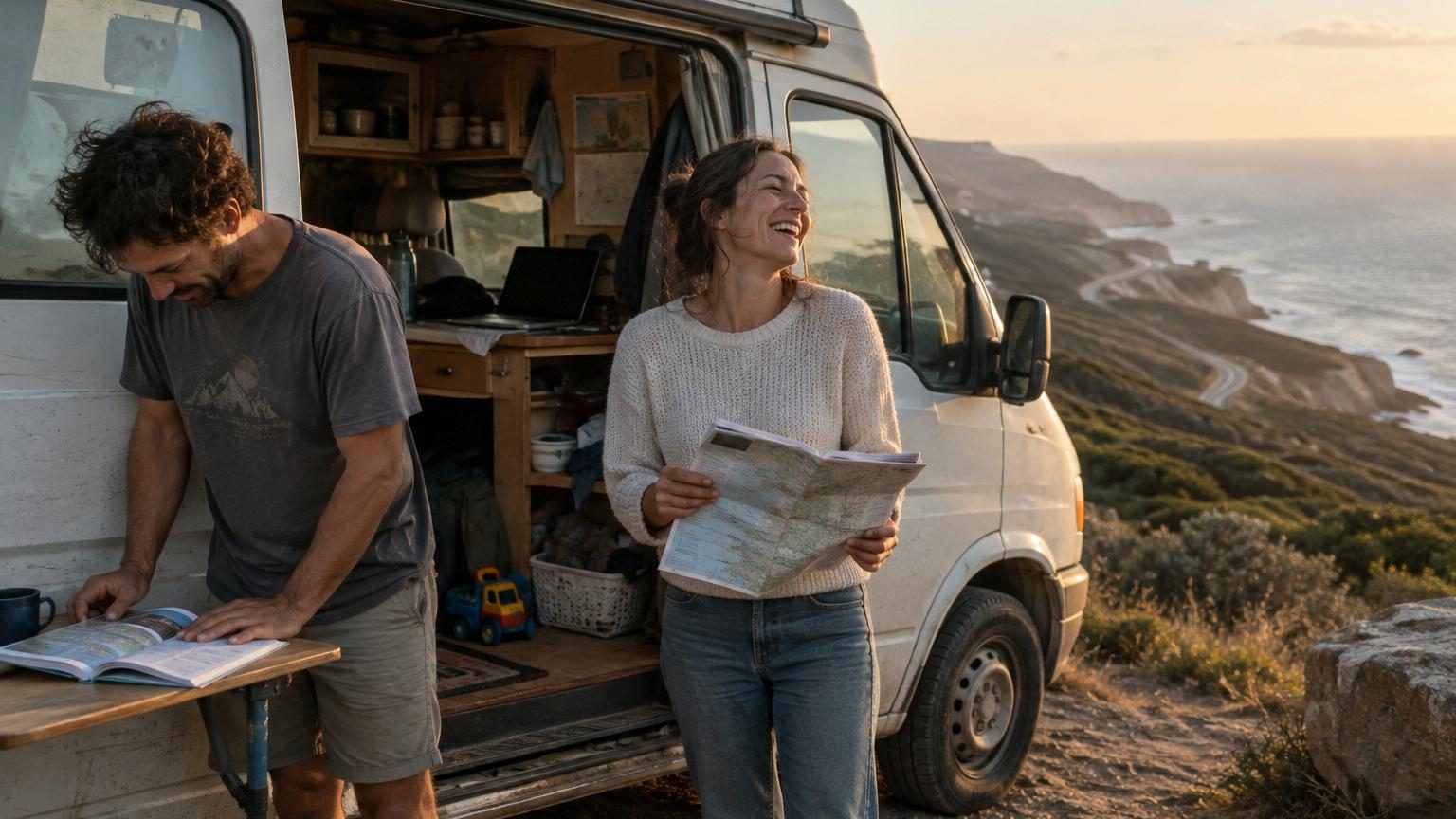 Famille de quatre personnes assis autour d'une table pliante à côté d'un camping-car sur un parking, avec des cases de provisions et des chaises de camping visibles.