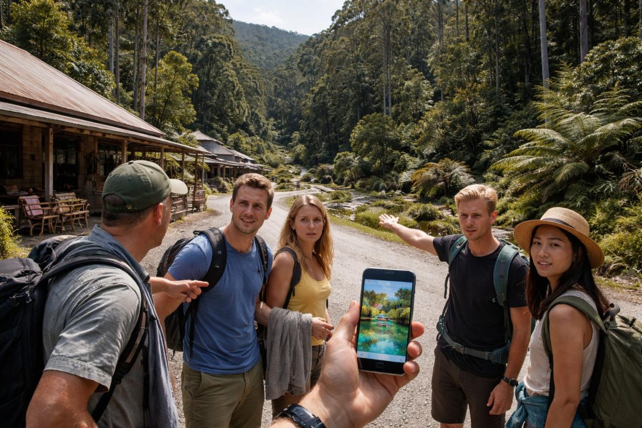 Un groupe de touristes déçus devant un panneau routier de Weldborough, en Tasmanie, cherchant vainement les sources chaudes inexistantes décrites en ligne.