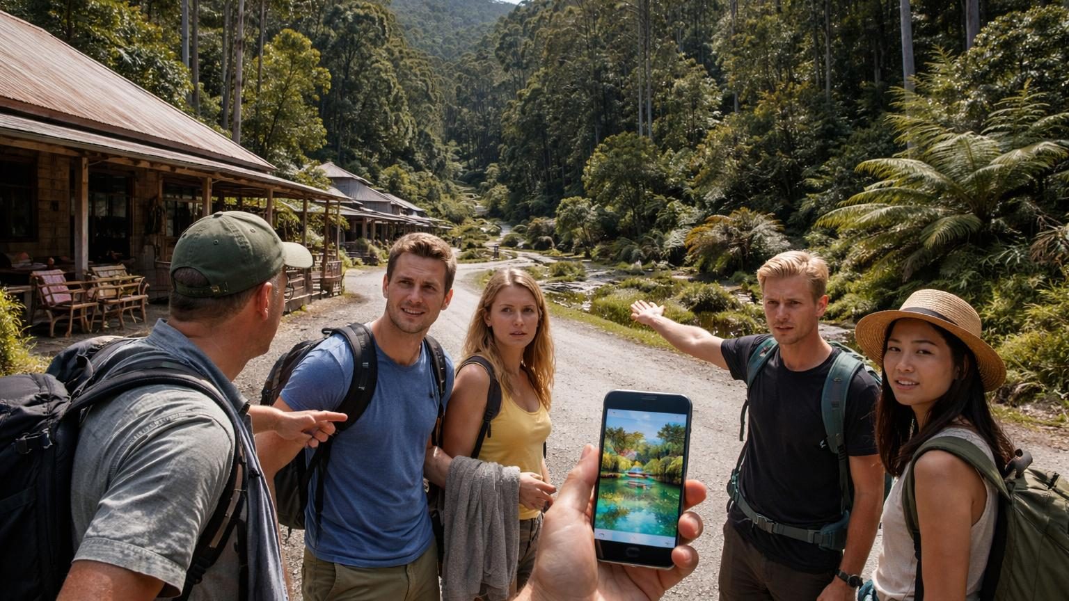 Un groupe de touristes déçus devant un panneau routier de Weldborough, en Tasmanie, cherchant vainement les sources chaudes inexistantes décrites en ligne.