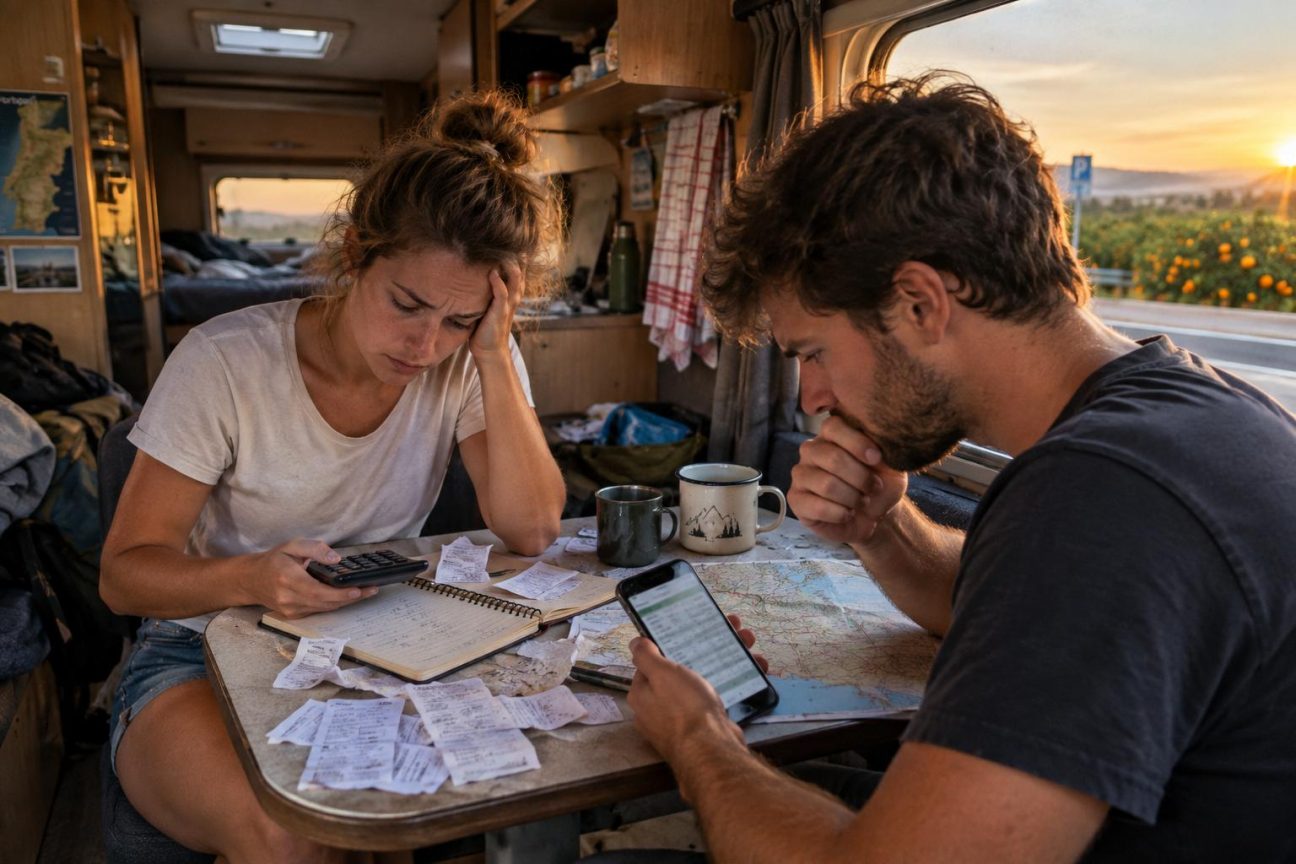Jules et Lisa, assis dans leur camping-car garé au Portugal, font leurs comptes détaillés sur papier et téléphone avec des reçus chiffonnés devant eux.