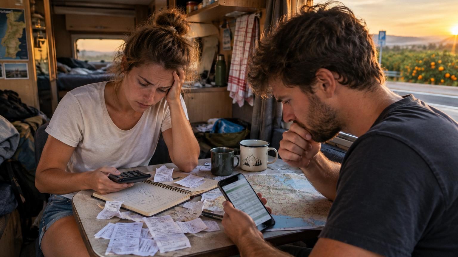 Jules et Lisa, assis dans leur camping-car garé au Portugal, font leurs comptes détaillés sur papier et téléphone avec des reçus chiffonnés devant eux.