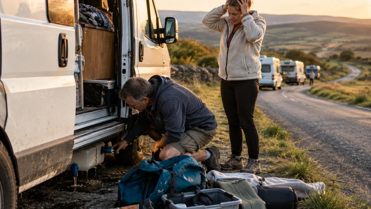 Vue intérieure d'un camping-car avec une table repliée et des sièges, montrant l'espace réduit où s'expriment tensions et dynamiques relationnelles.
