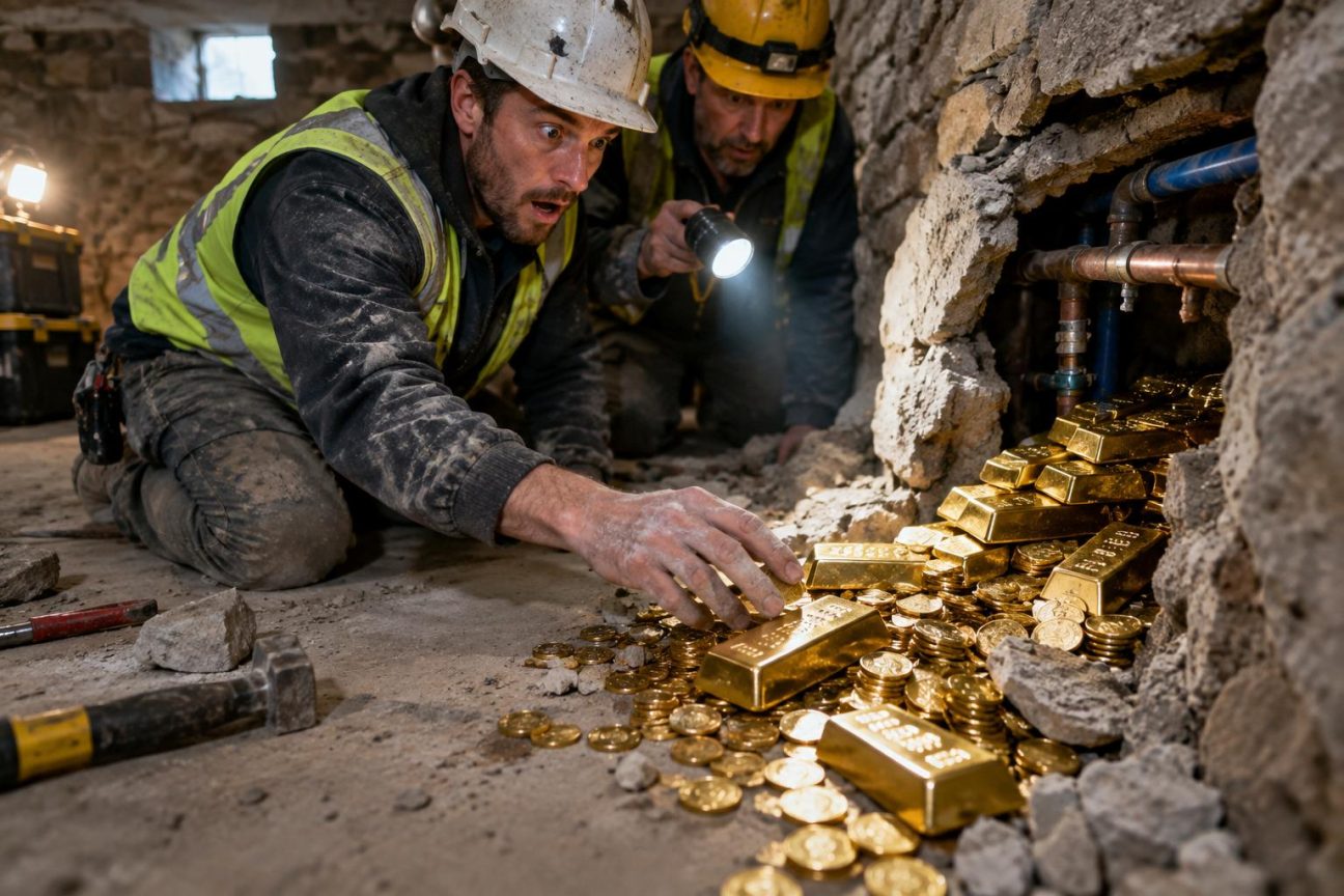 Lingots d'or et pièces de monnaie entassés et brillants découverts dans une cavité cachée derrière un mur de cave poussiéreux.