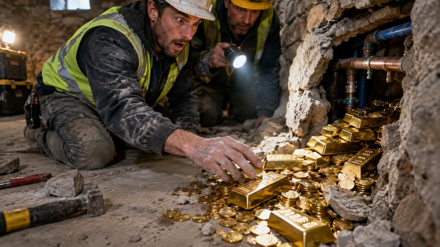 Lingots d'or et pièces de monnaie entassés et brillants découverts dans une cavité cachée derrière un mur de cave poussiéreux.