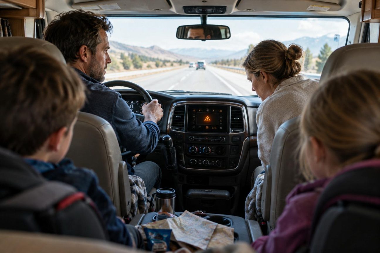Intérieur d'un camping-car en route avec enfants, tableau de bord visible et voyant orange lumineux allumé, occupants attentifs et préoccupés.