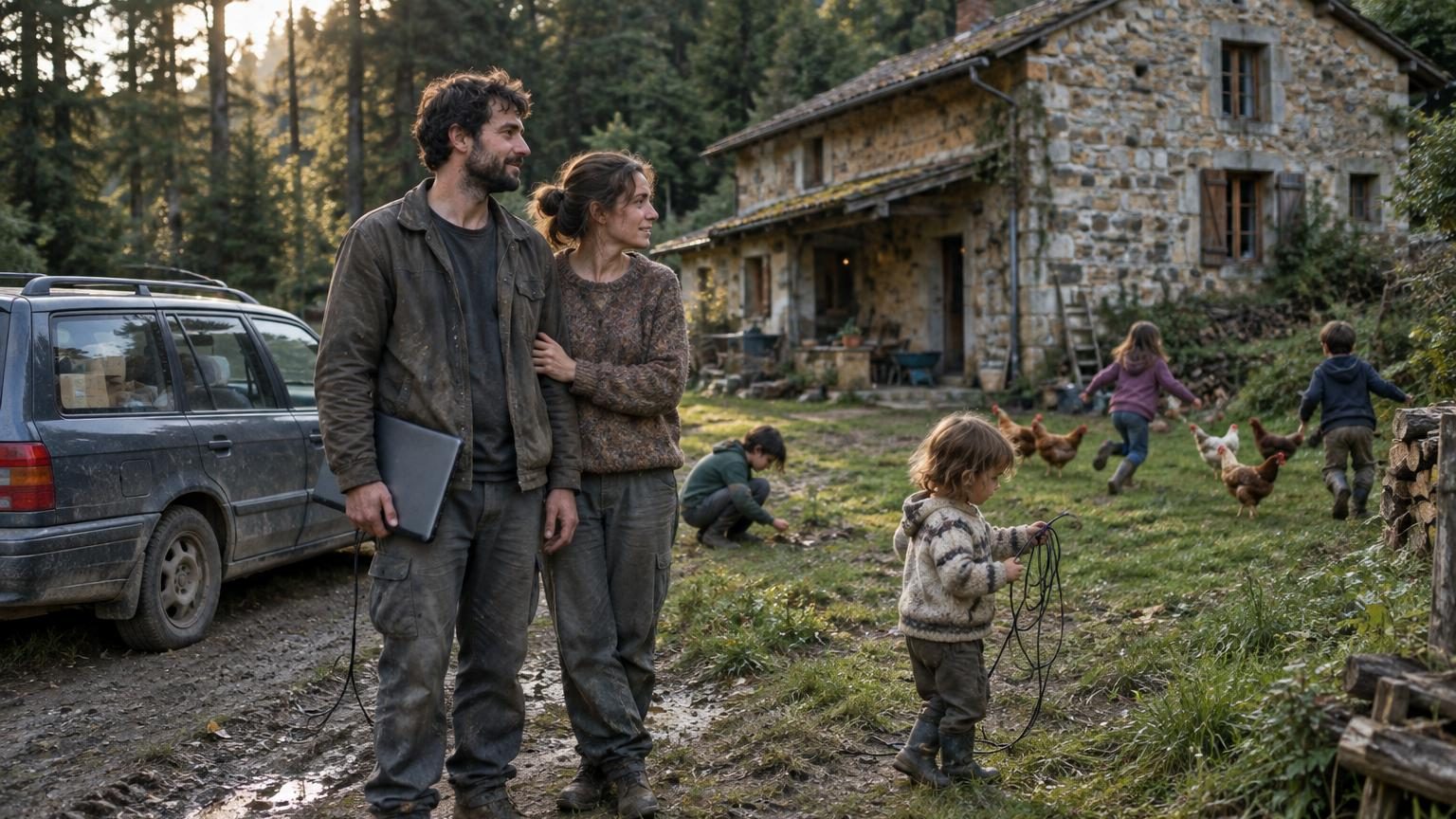 Couple avec quatre enfants quittant leur bureau informatique pour s'installer dans une ferme forestière, symbole du passage de la vie numérique à la vie tangible.