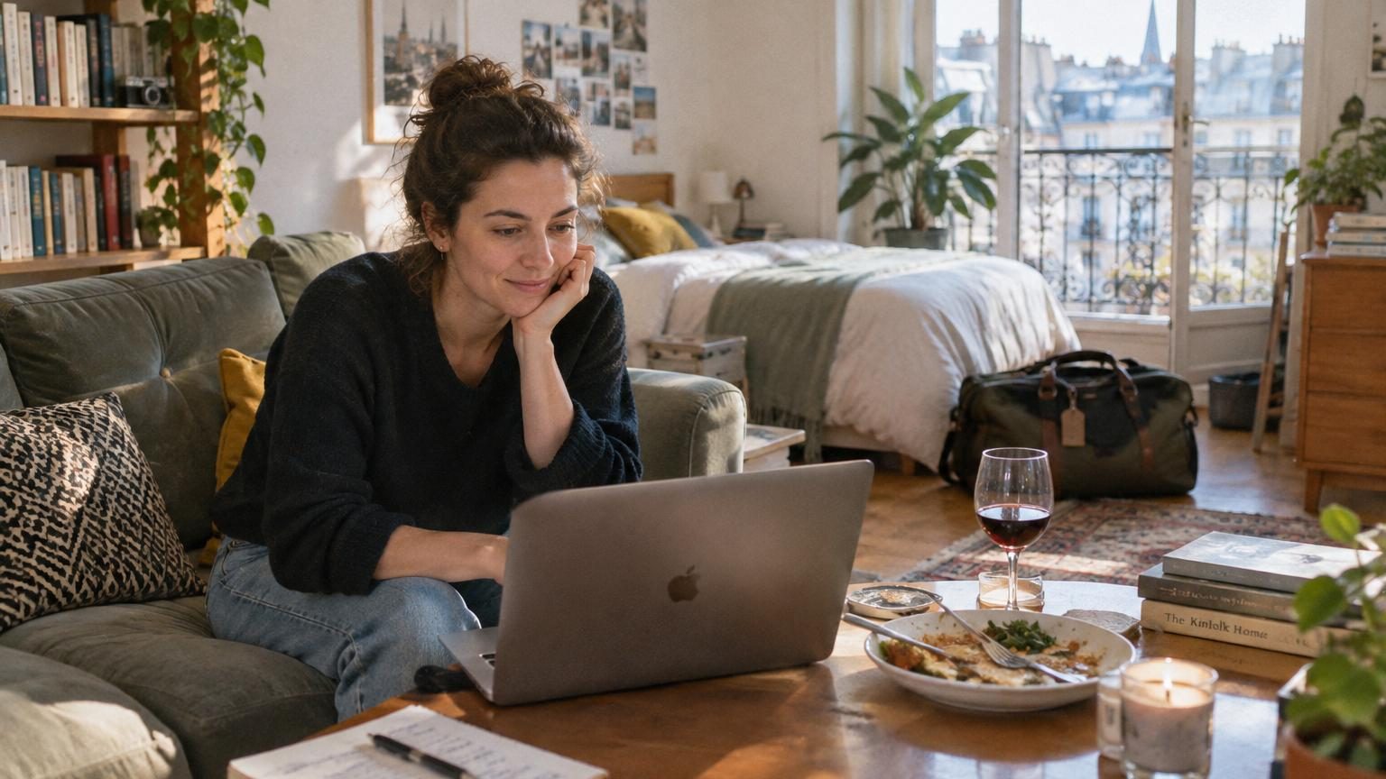 Personne seule assise sur un canapé, téléphone en main, avec une expression de sérénité et de liberté, dans un appartement lumineux et bien aménagé.