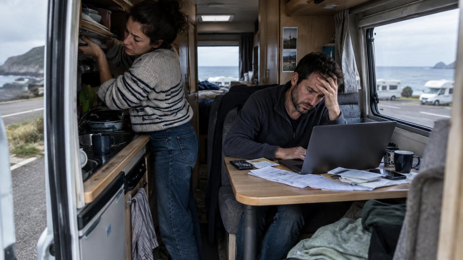 Intérieur étroit d'un camping-car avec Claire rangeant de la vaisselle dans un petit placard tandis que Marc cherche à l'extérieur un point d'eau potable, illustrant les contraintes quotidiennes du nomadisme en véhicule aménagé.