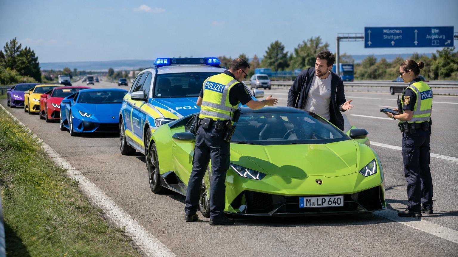 Cinq Lamborghini aux carrosseries colorées immobilisées sur l'autoroute, portes ouvertes, avec des policiers et du ruban d'autoroute en arrière-plan.