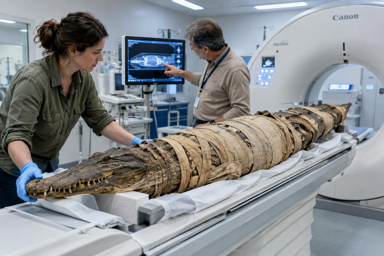 Crocodile momifié provenant du fleuve Nil, découvert avec un hameçon métallique dans son appareil digestif, révélant les techniques égyptiennes ancestrales de capture.