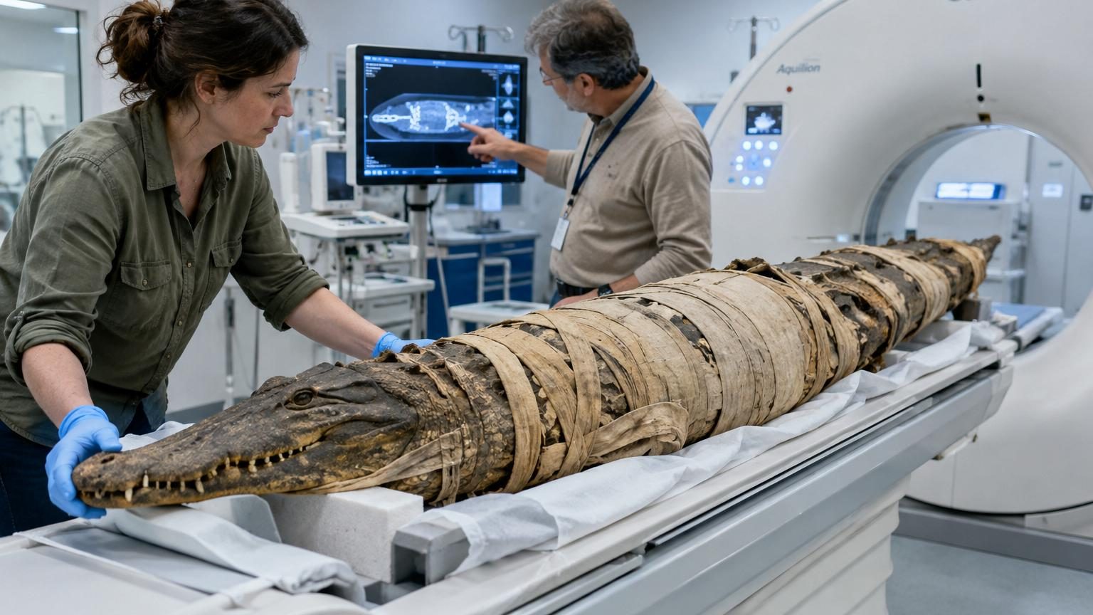 Crocodile momifié provenant du fleuve Nil, découvert avec un hameçon métallique dans son appareil digestif, révélant les techniques égyptiennes ancestrales de capture.