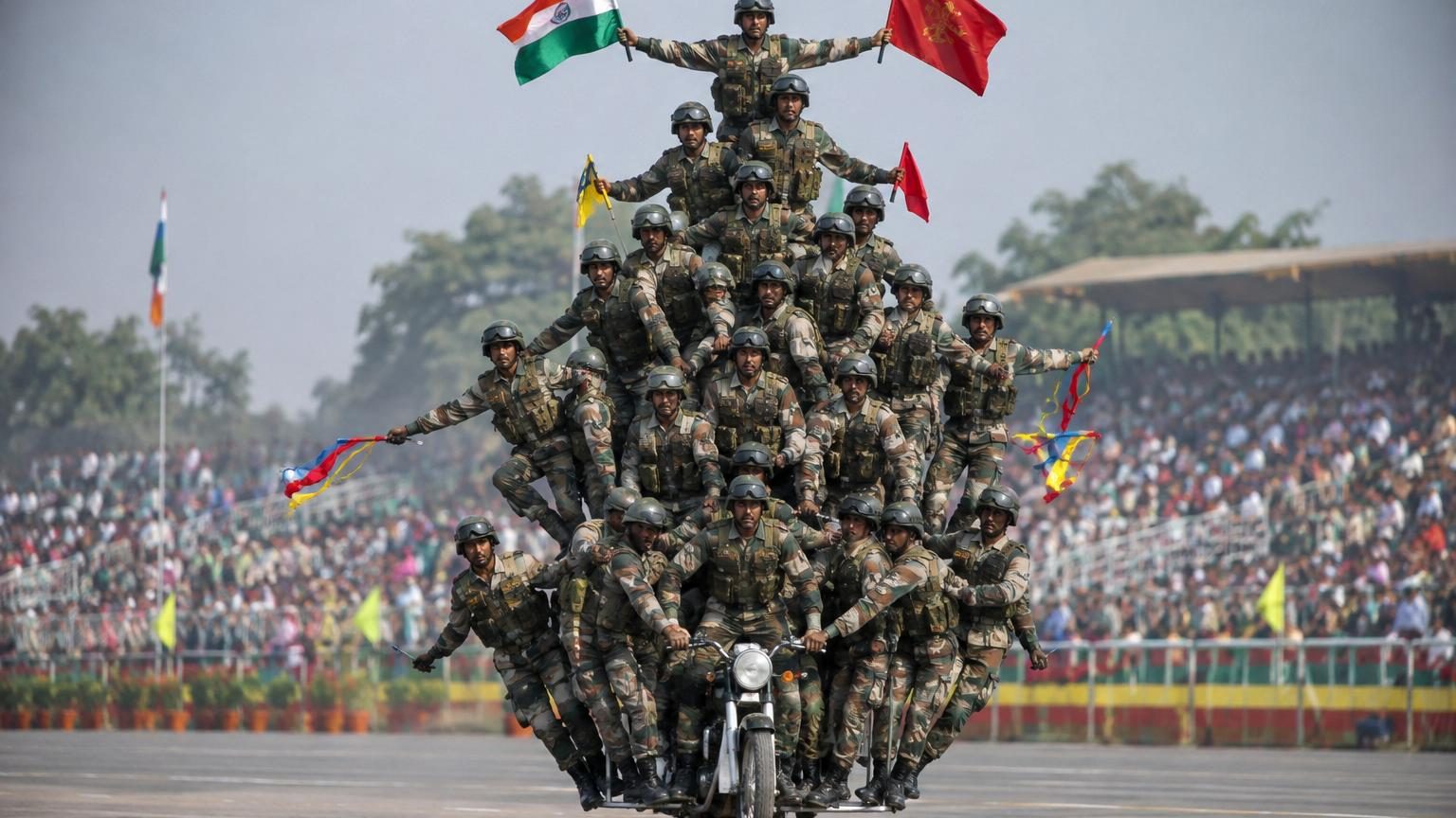 Ils sont 40 militaires sur une seule moto : la pyramide humaine la plus haute du monde tient la route sous les yeux de tous