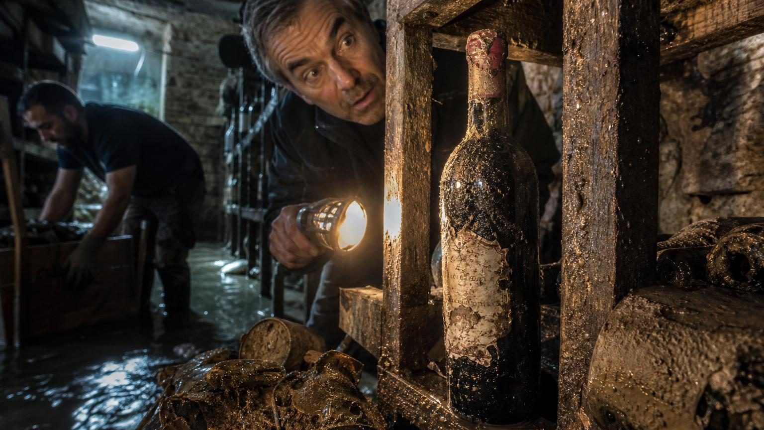 Bouteille couverte de boue posée debout dans une cave inondée, avec une étiquette partiellement effacée et un bouchon protégé par une capsule de cire ancienne.