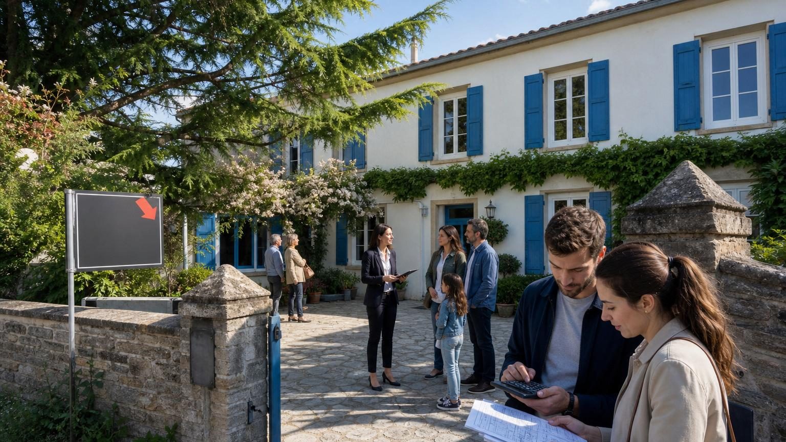 Devanture d'une maison aux volets bleus avec une pancarte à vendre, visiteurs devant le portail en fin d'après-midi.