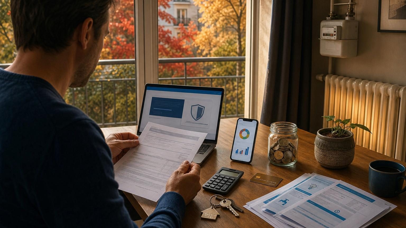Personne consultant ses documents financiers et son relevé bancaire pour vérifier son budget avant octobre, avec calculatrice et factures visibles.