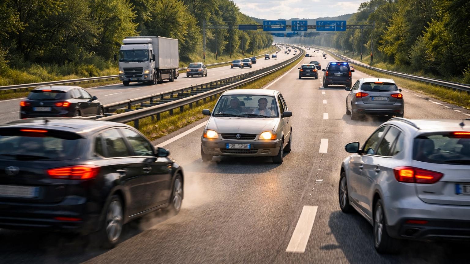 Autoroute A85 avec panneaux de direction, illustration d'une voiture circulant à contresens face aux autres véhicules en circulation normale