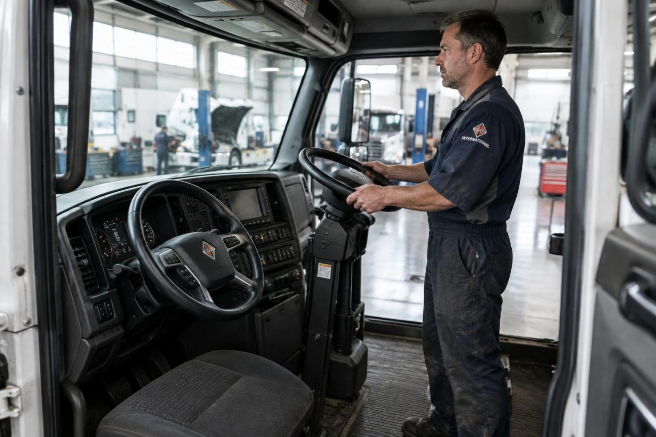 Cabine modifiée d'un camion International MV vue de côté, montrant une grande porte ouverte type bus et un volant en position basse pour permettre la conduite debout lors de collectes de déchets urbains.
