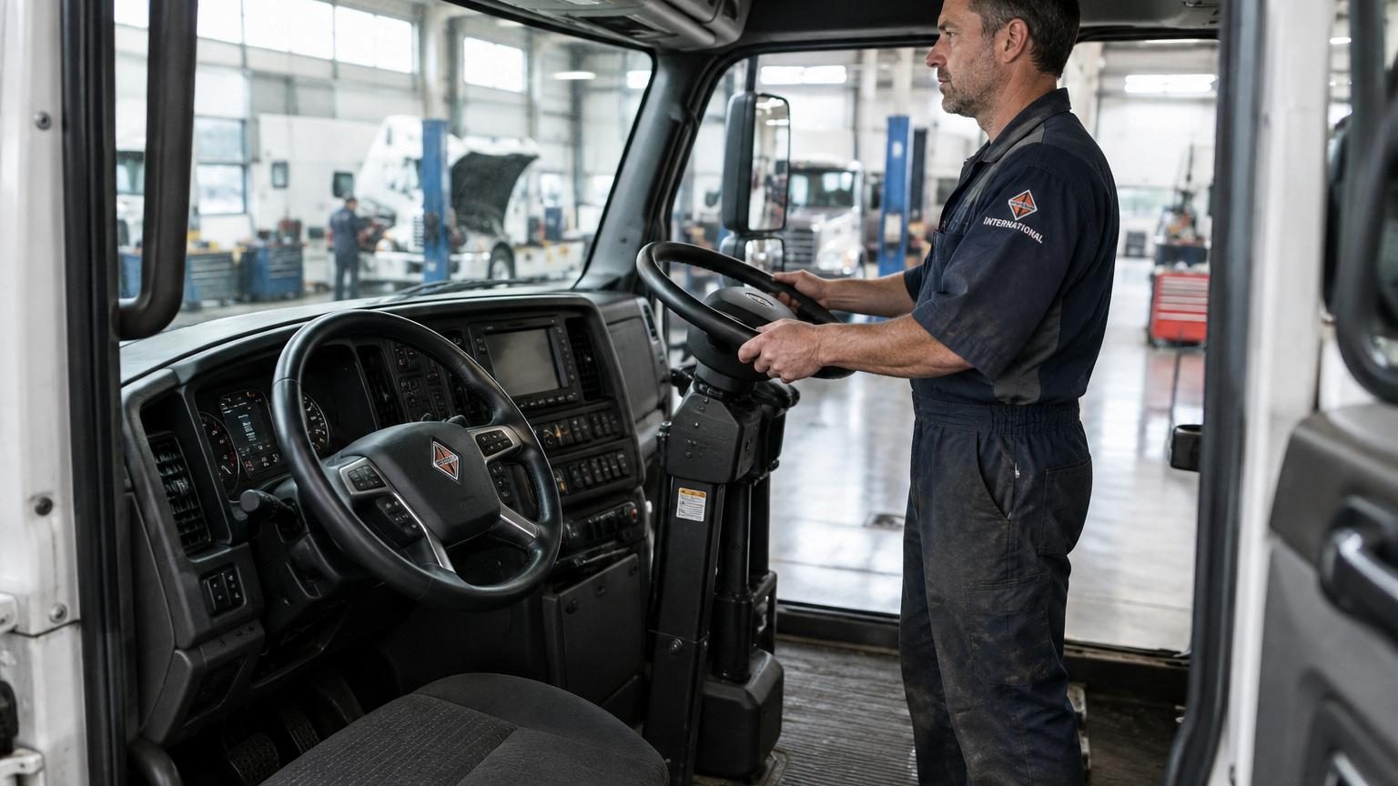 Cabine modifiée d'un camion International MV vue de côté, montrant une grande porte ouverte type bus et un volant en position basse pour permettre la conduite debout lors de collectes de déchets urbains.