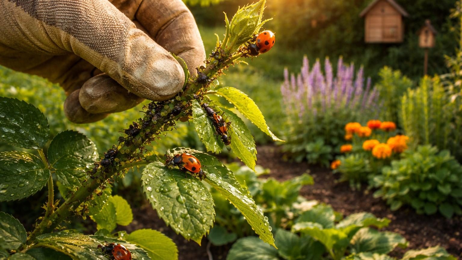 Main gantée de jardinier écrasant des pucerons verts sur une tige tendre de jeune plante au printemps.
