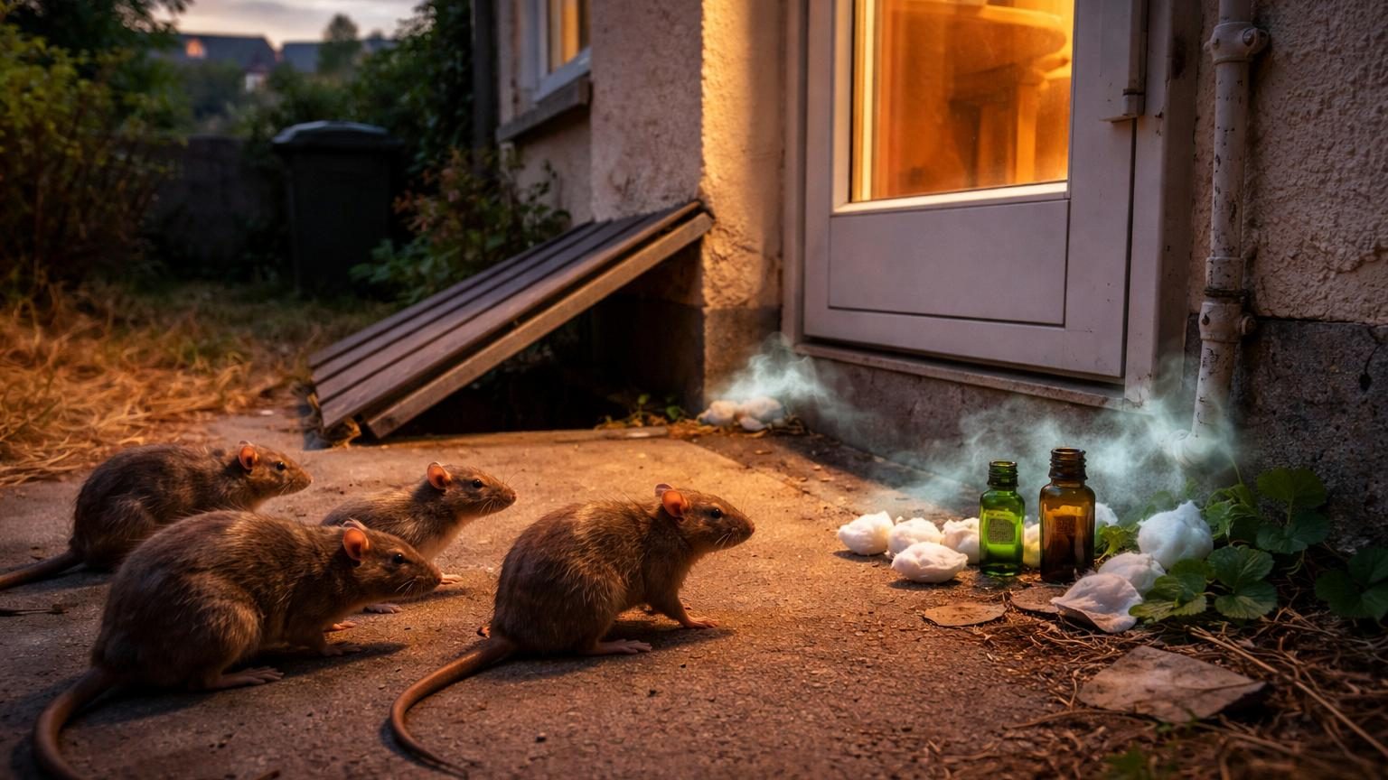 Boules de coton imbibées d'huile essentielle de menthe poivrée placées près d'une fissure ou d'un point d'entrée dans un mur de maison pour repousser les rats.