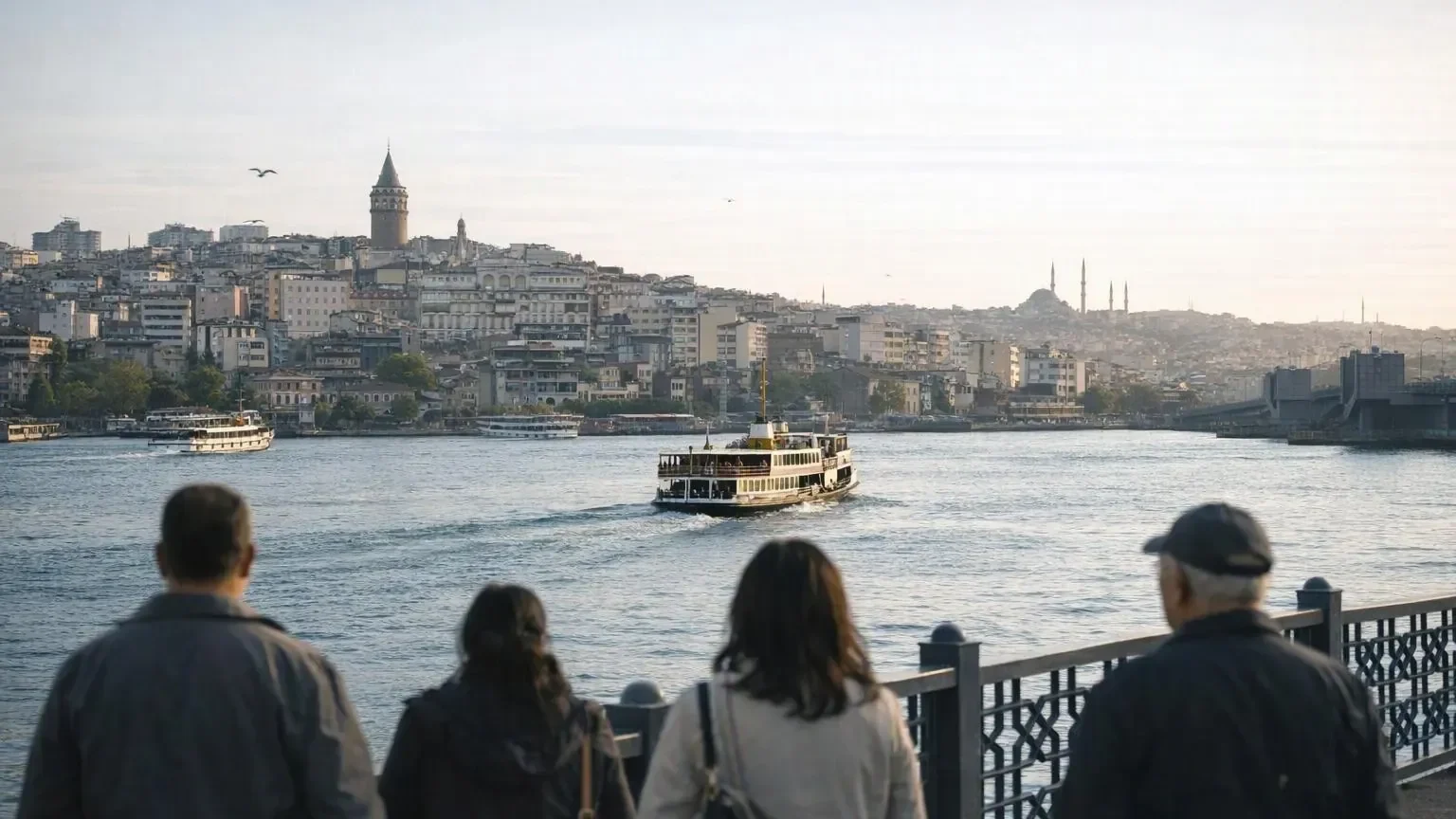 Vue panoramique du Bosphore à Istanbul avec la silhouette de la ville étagée sur les deux rives, entre Europe et Asie, sous un ciel dégagé.