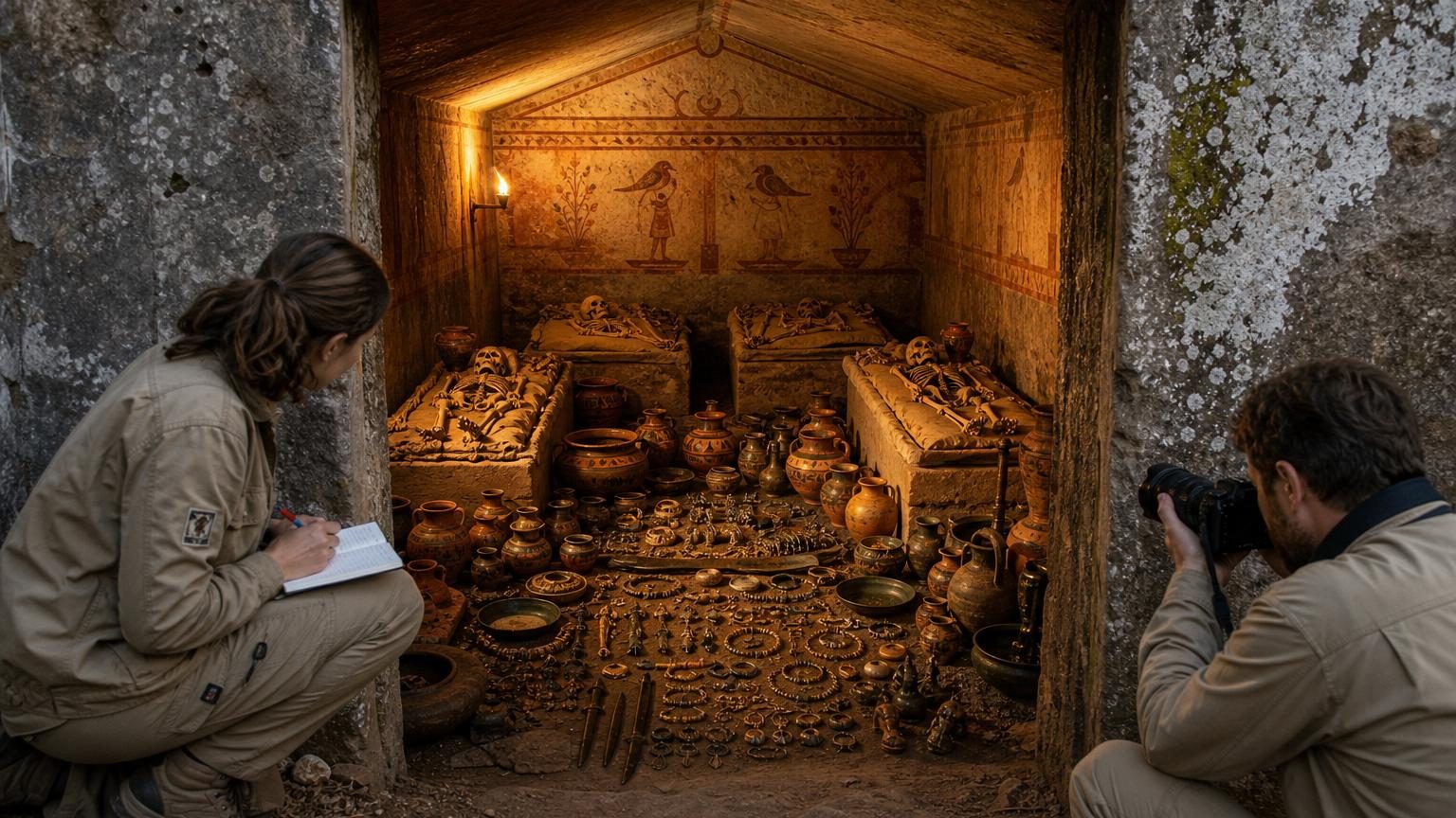 Chambre funéraire étrusque intacte aux murs de pierre taillée, contenant quatre corps allongés sur des lits de pierre et entourés de poteries, armes et ornements en bronze.