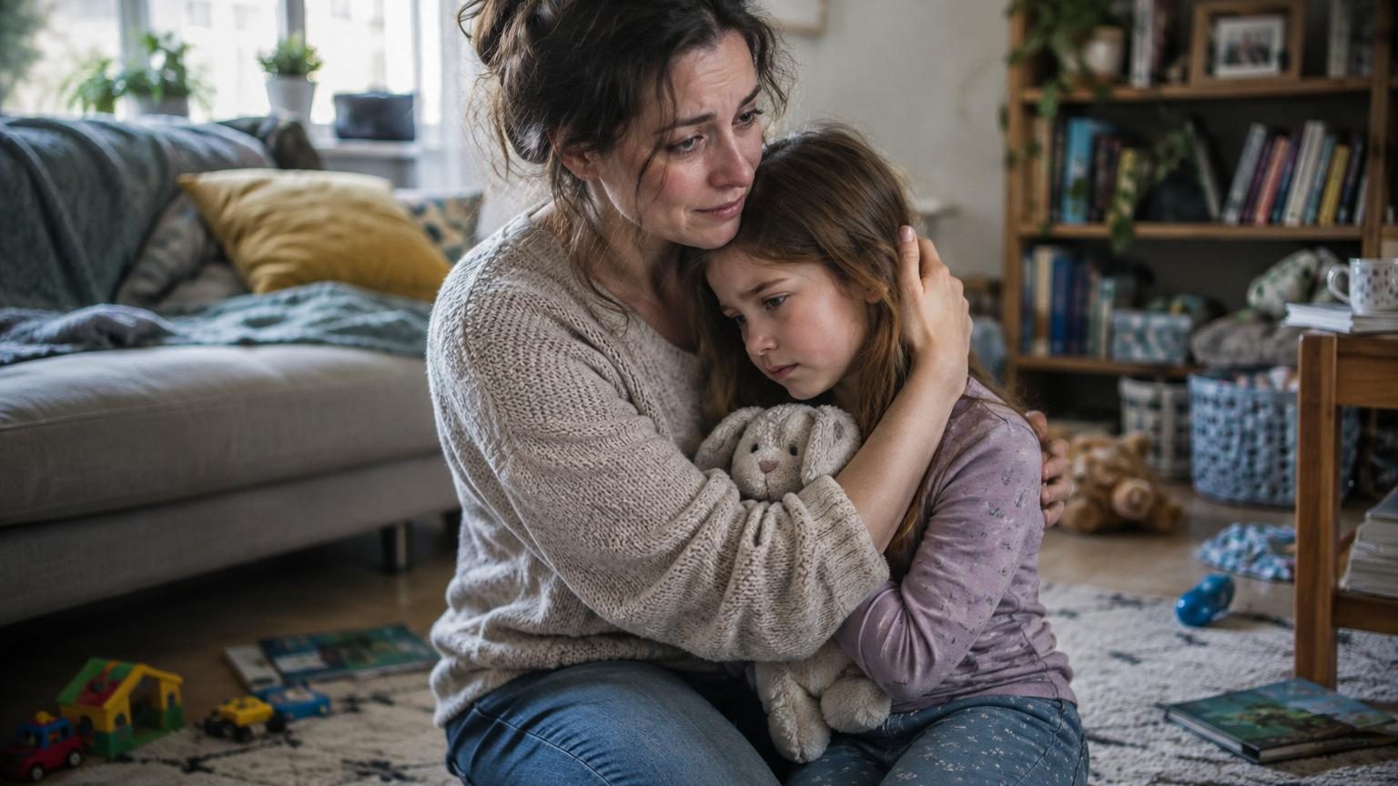 Parent assis à côté de son enfant dans une chambre, se parlant calmement après un moment de tension, illustrant la réparation émotionnelle.