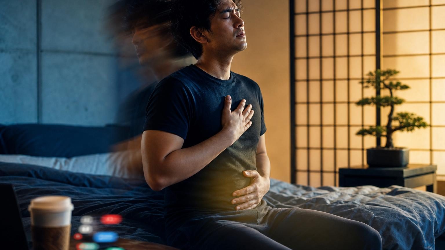 Personne assise en posture calme avec une main sur la poitrine et l'autre sur le bas-ventre, pratiquant la respiration abdominale japonaise dans un environnement serein.