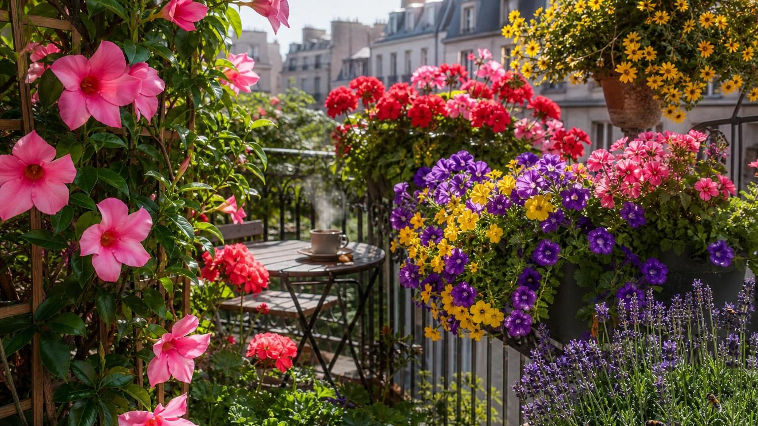 Balcon fleuri avec géraniums rouges en jardinières, lavande mauves, dipladénia roses grimpant sur treillis et bidens jaunes en suspensions