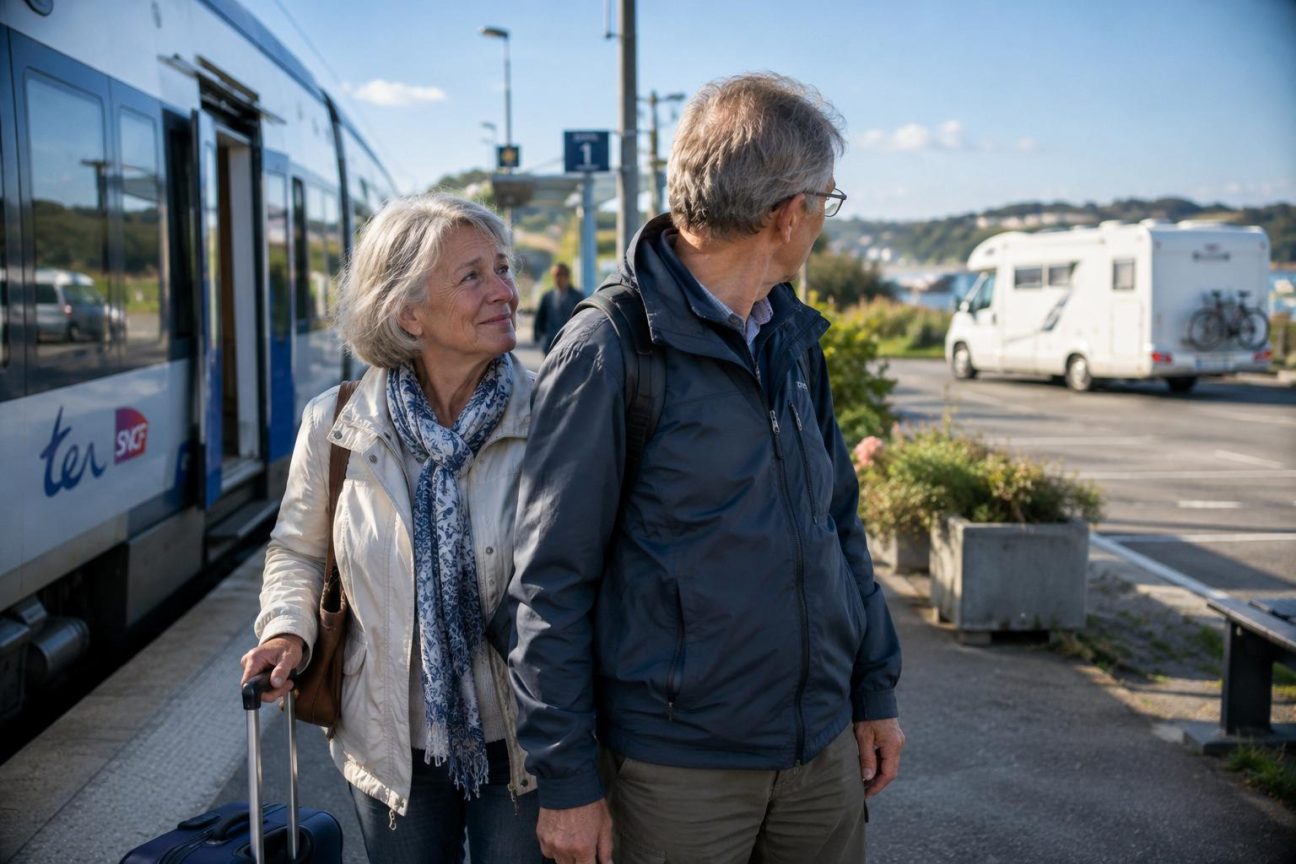 Couple de retraités assis dans un train, regard vers des vignes défiler par la fenêtre, expression de détente et de liberté sans souci