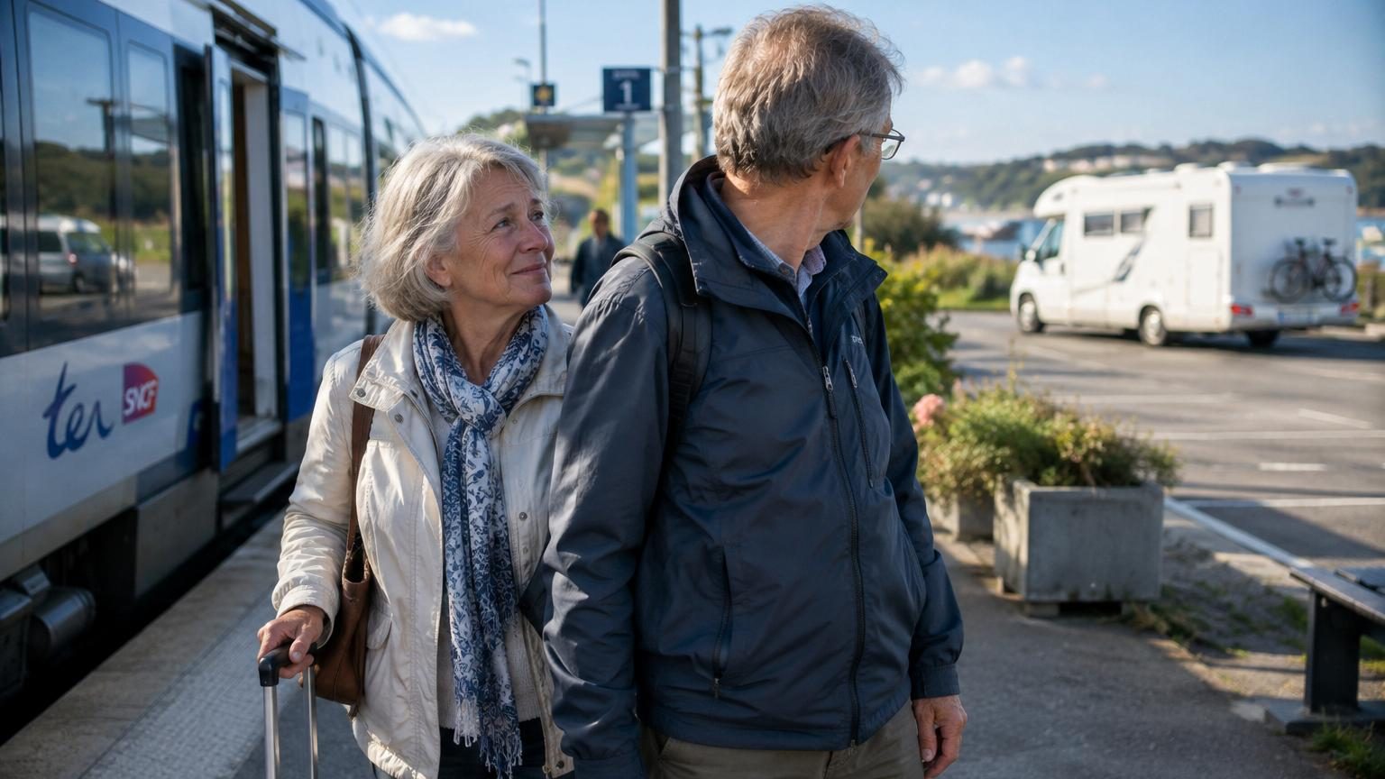 Couple de retraités assis dans un train, regard vers des vignes défiler par la fenêtre, expression de détente et de liberté sans souci