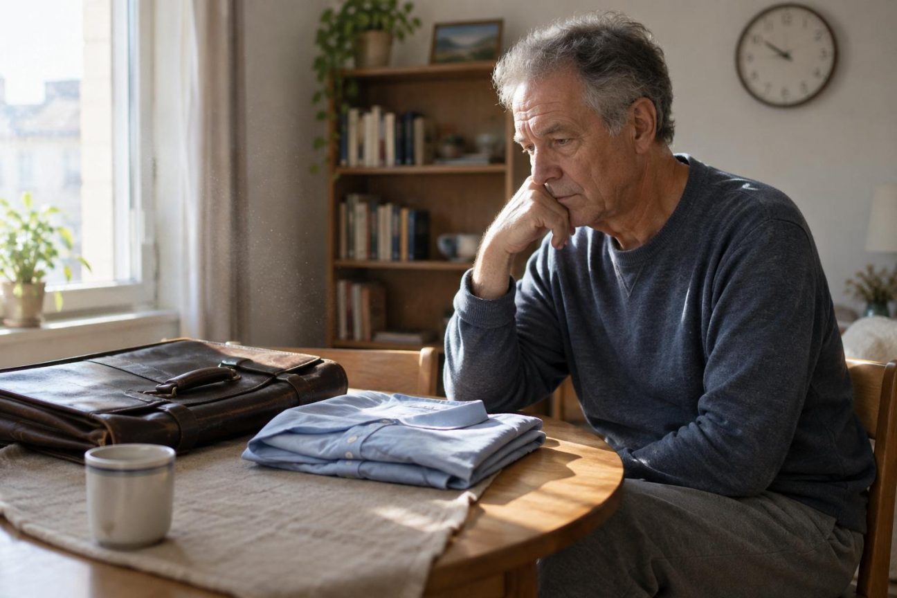Un homme d'environ 60 ans en tenue décontractée, seul dans sa cuisine le matin, regardant par la fenêtre avec une expression pensive, symbolisant le moment de transition et la réflexion introspective face à la retraite.