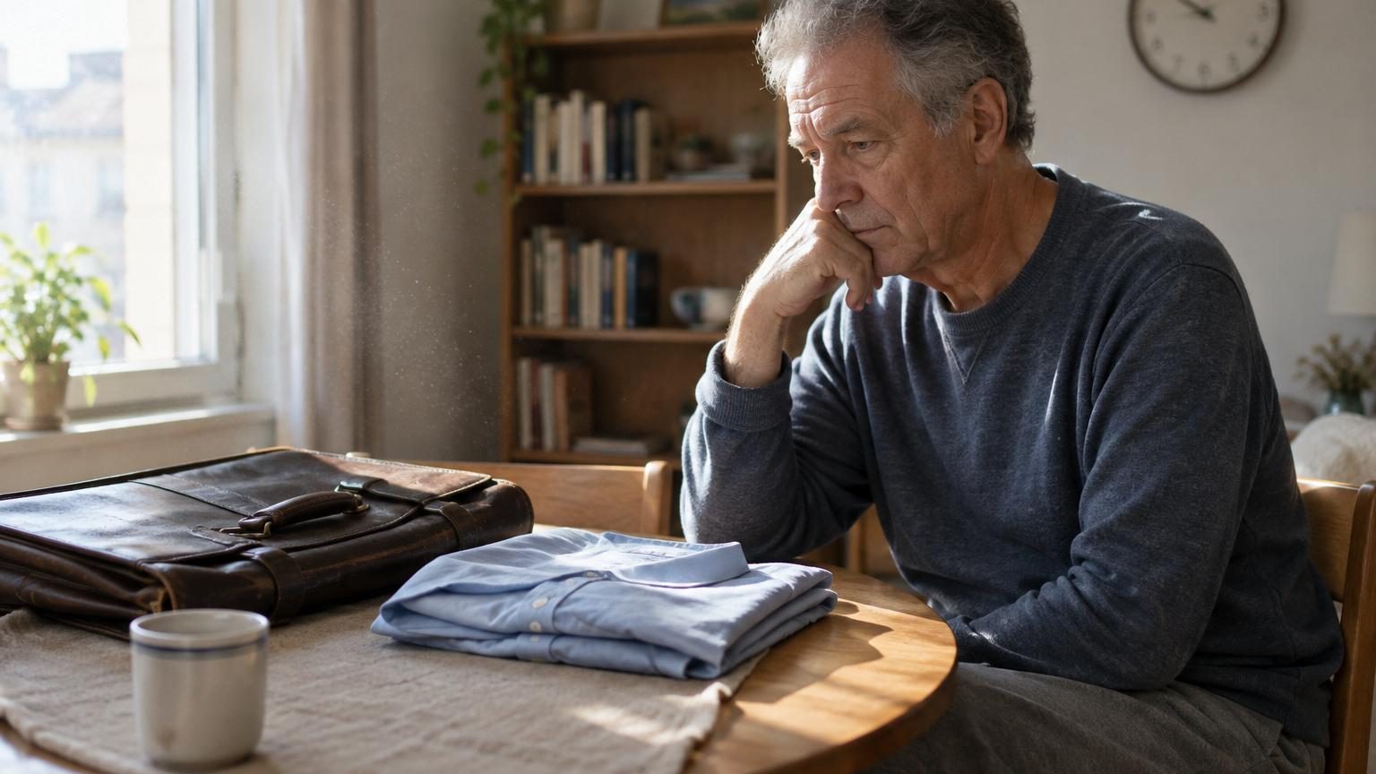 Un homme d'environ 60 ans en tenue décontractée, seul dans sa cuisine le matin, regardant par la fenêtre avec une expression pensive, symbolisant le moment de transition et la réflexion introspective face à la retraite.