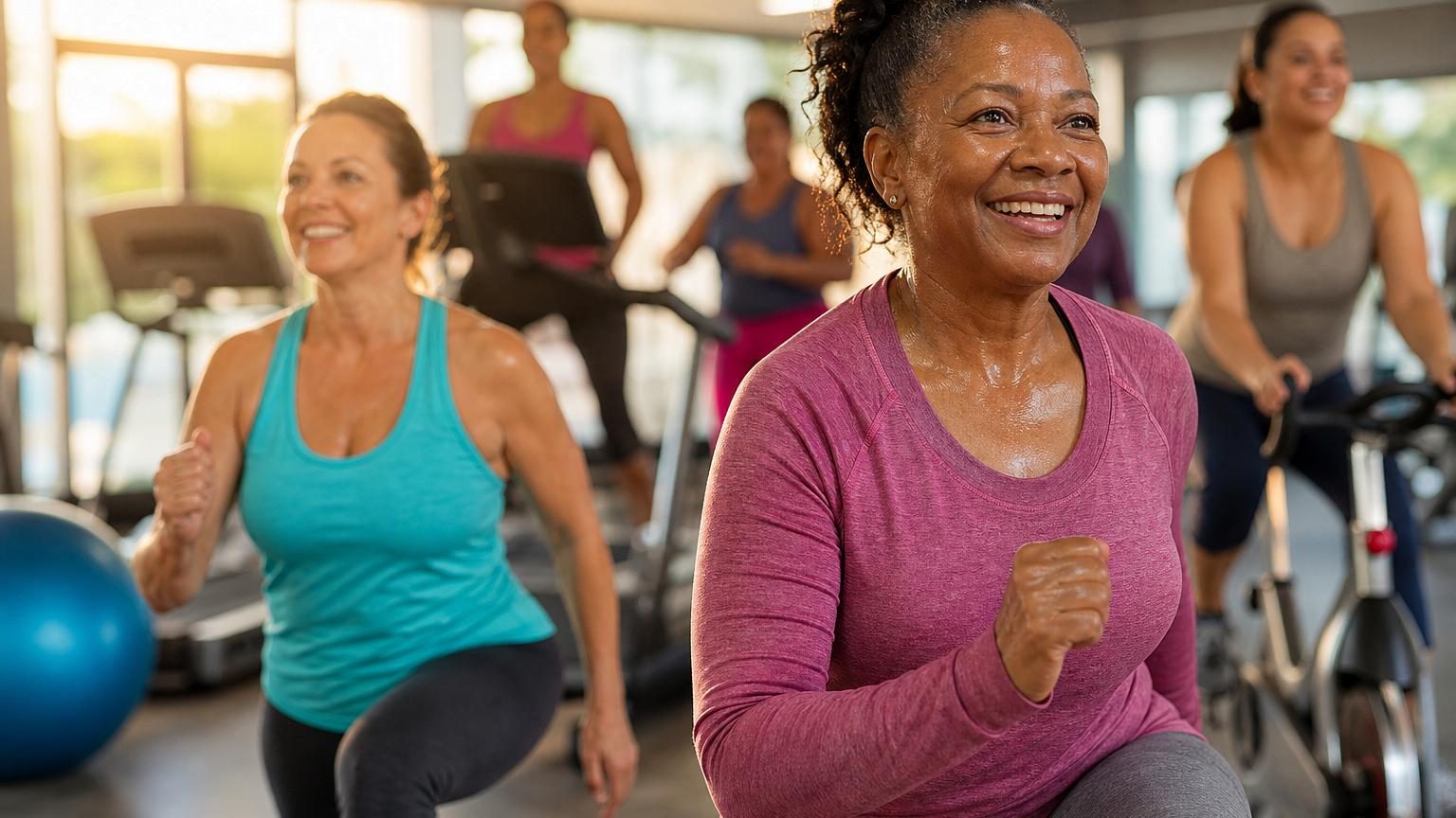 Femmes en tenue sportive dans une salle de sport faiblement éclairée du matin, arrivant avec café et baskets, prêtes pour une séance de 30 minutes de cardio.
