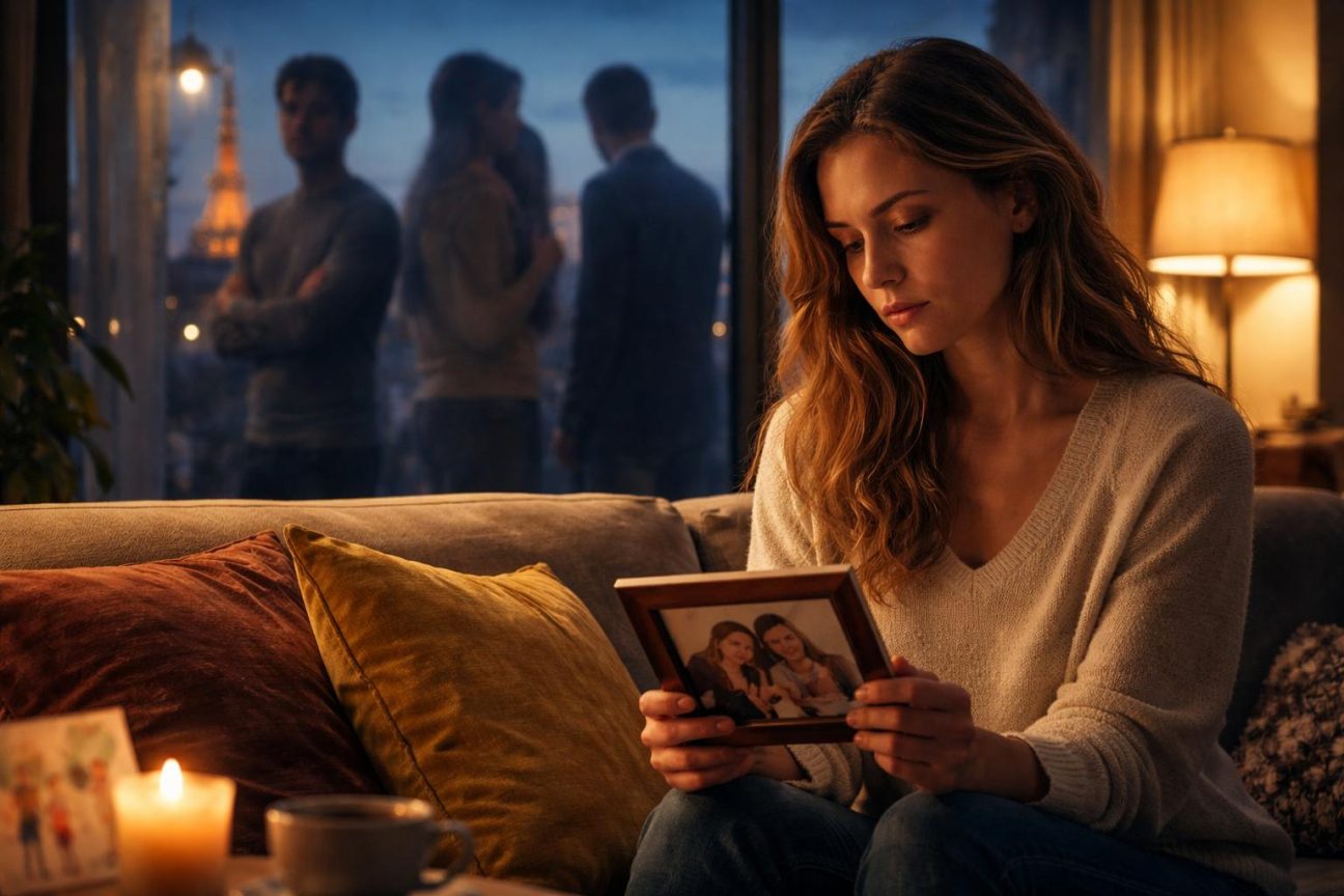 Illustration d'une femme pensive regardant dehors, réfléchissant aux cycles relationnels et à la compréhension de soi.